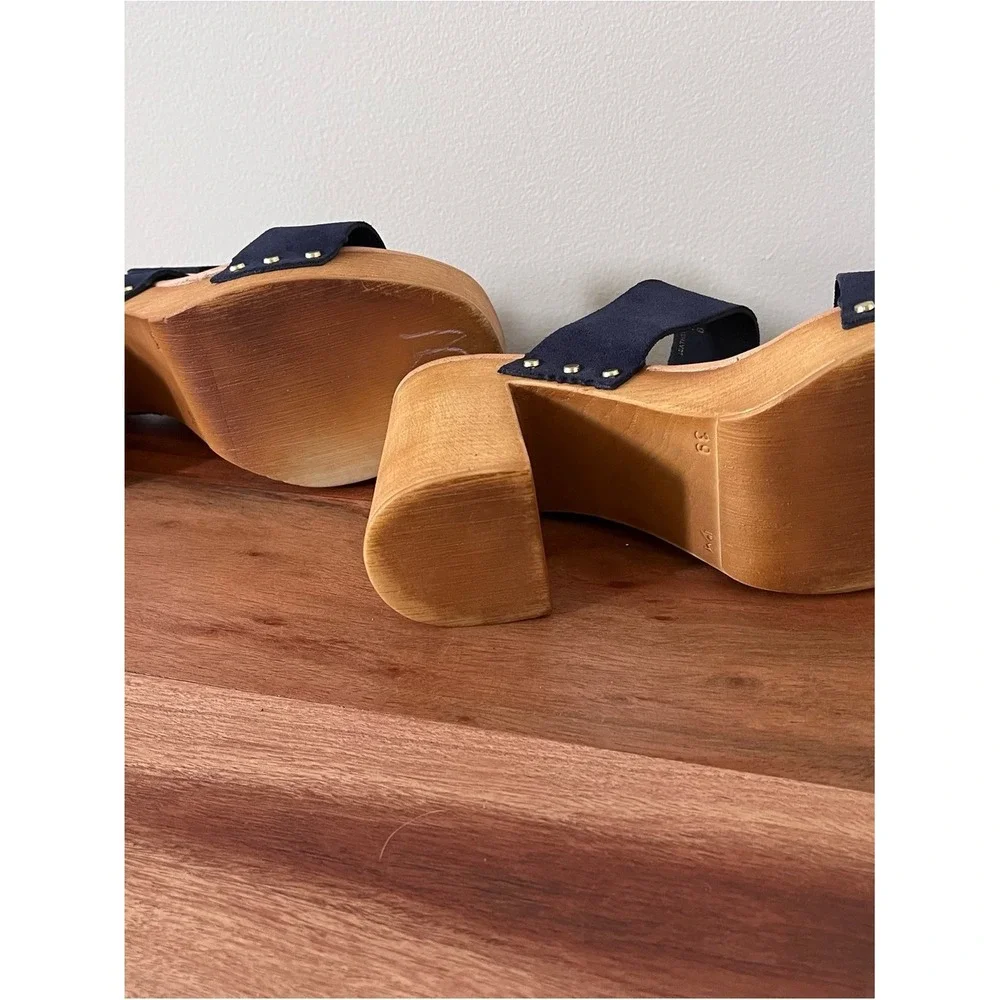 Avellino Italy Navy Blue Suede Wood Platform Block Heel‎ Sandals 39 8 3708